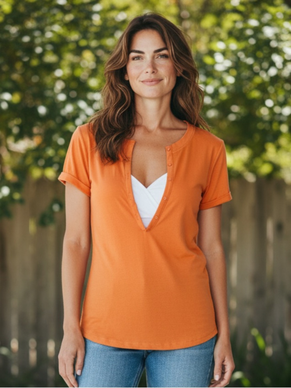 Theory Teodara Short Sleeve Snap V-Neck Top in Orange Passionfruit